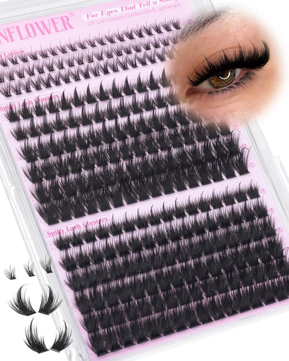 LANFLOWER front packaging showing manga lash clusters and included bottom lashes, clear contents benefit