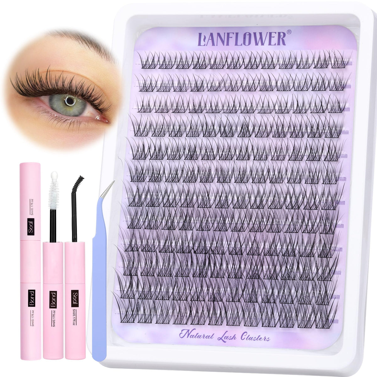 LANFLOWER front packaging showing complete lash cluster kit benefits
