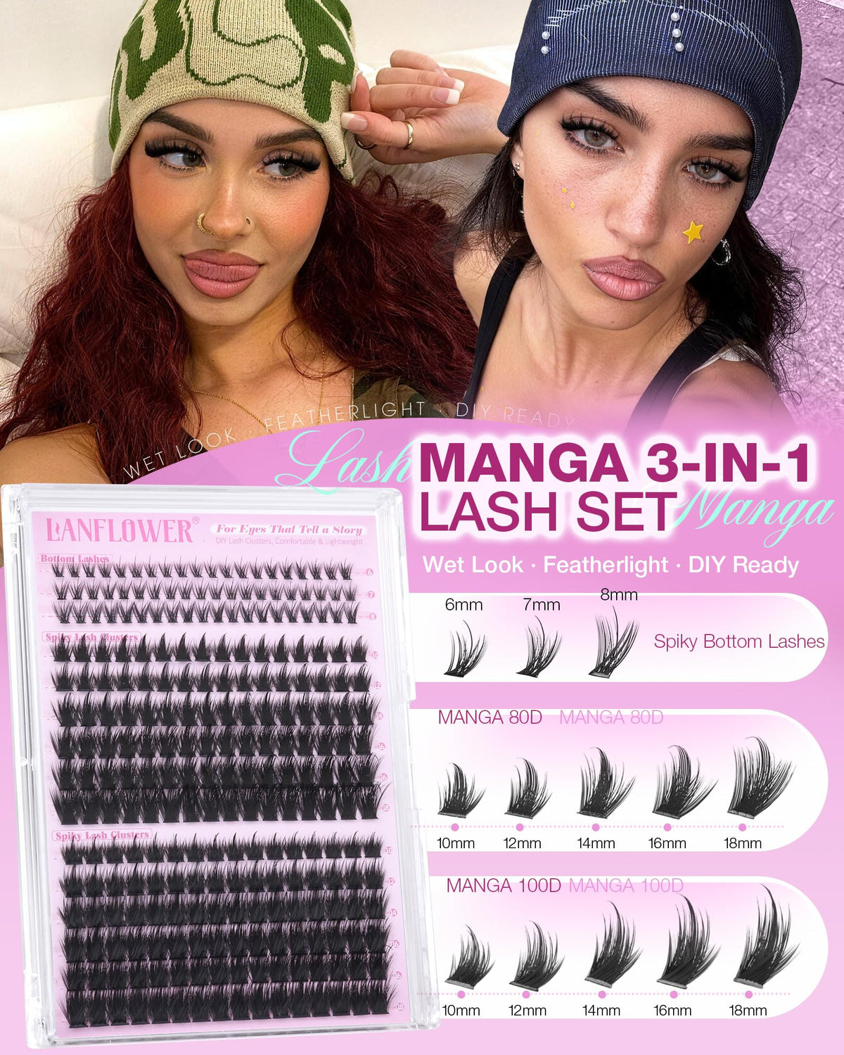 LANFLOWER upper lash clusters applied on model demonstrating wide-eyed anime effect
