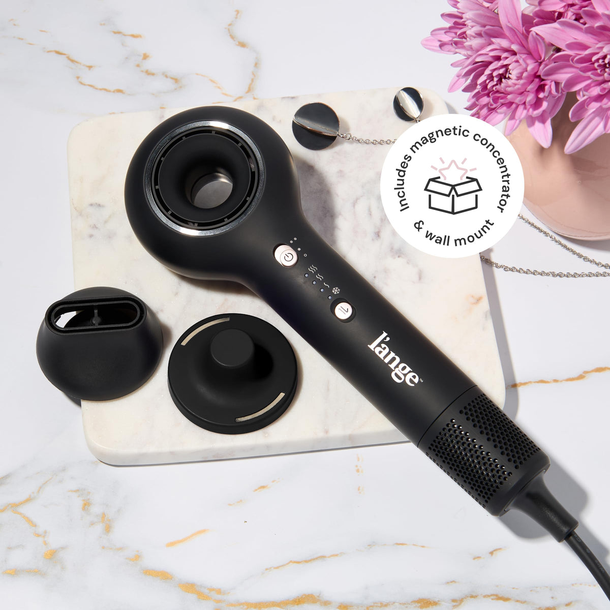 L'ANGE HAIR cool shot button close-up locks style and smooths hair