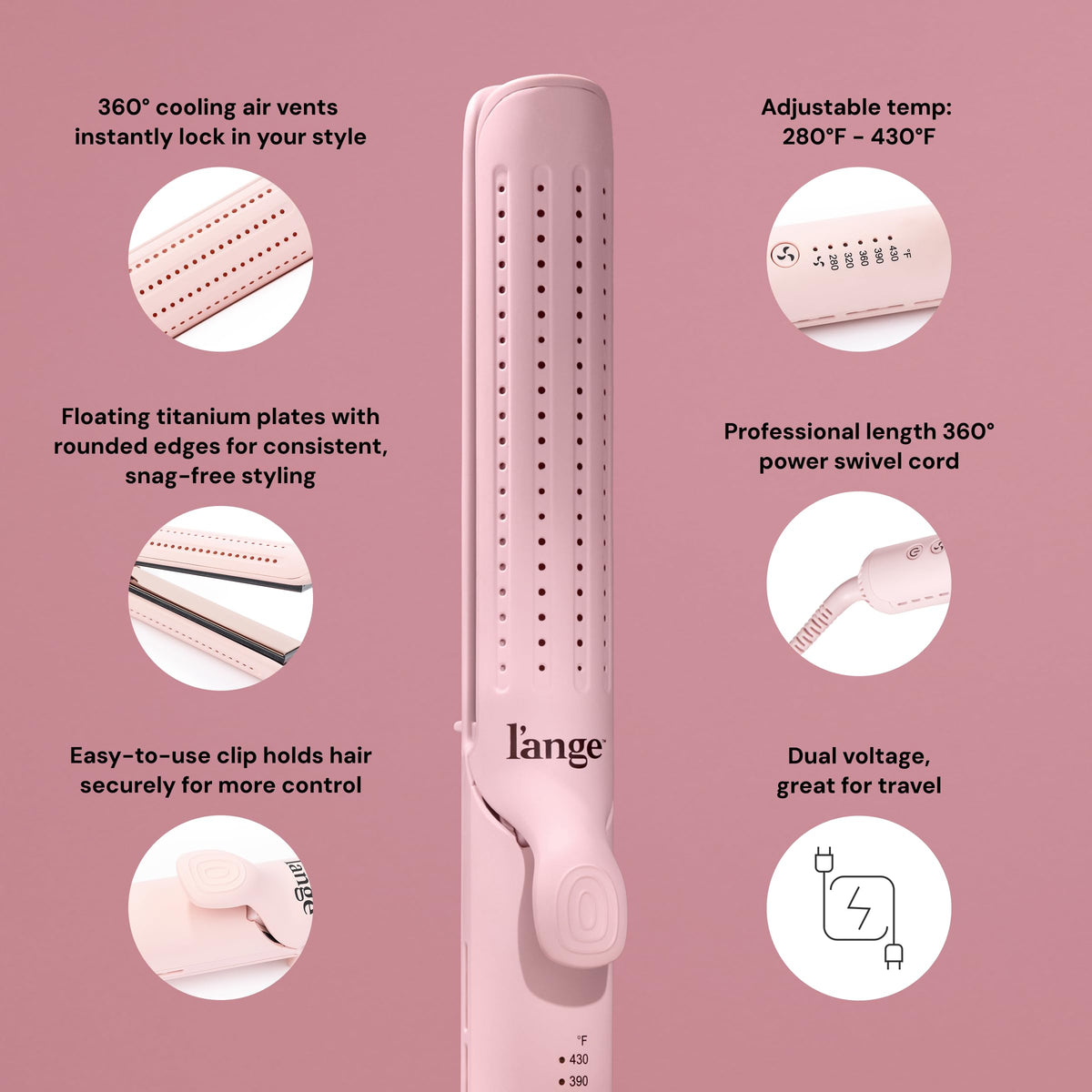 L'ANGE HAIR detail of 360° airflow vents that set curls instantly and lock shape