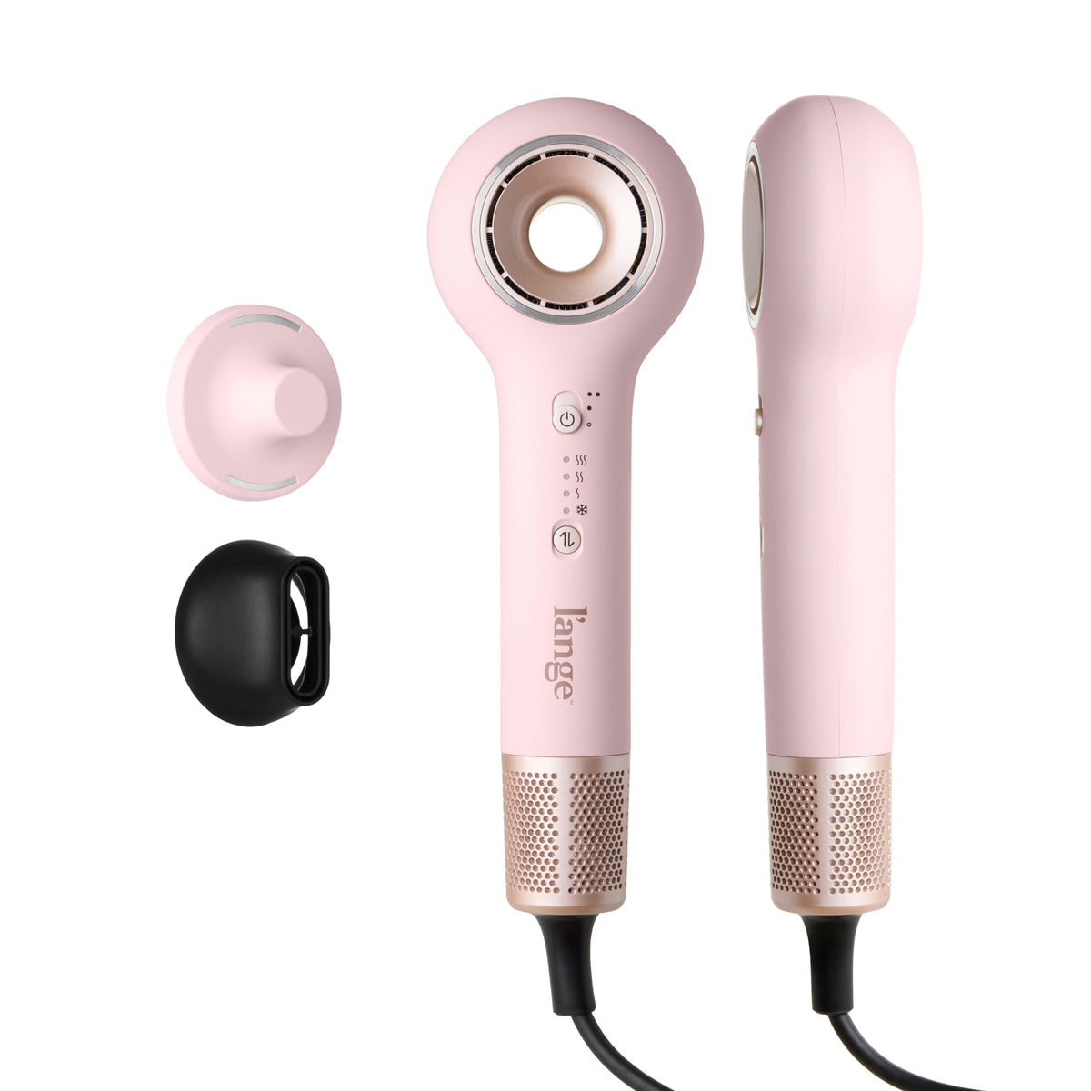 L'ANGE HAIR Axia HaloRing front view showing sleek blush finish and ergonomic handle for comfortable styling