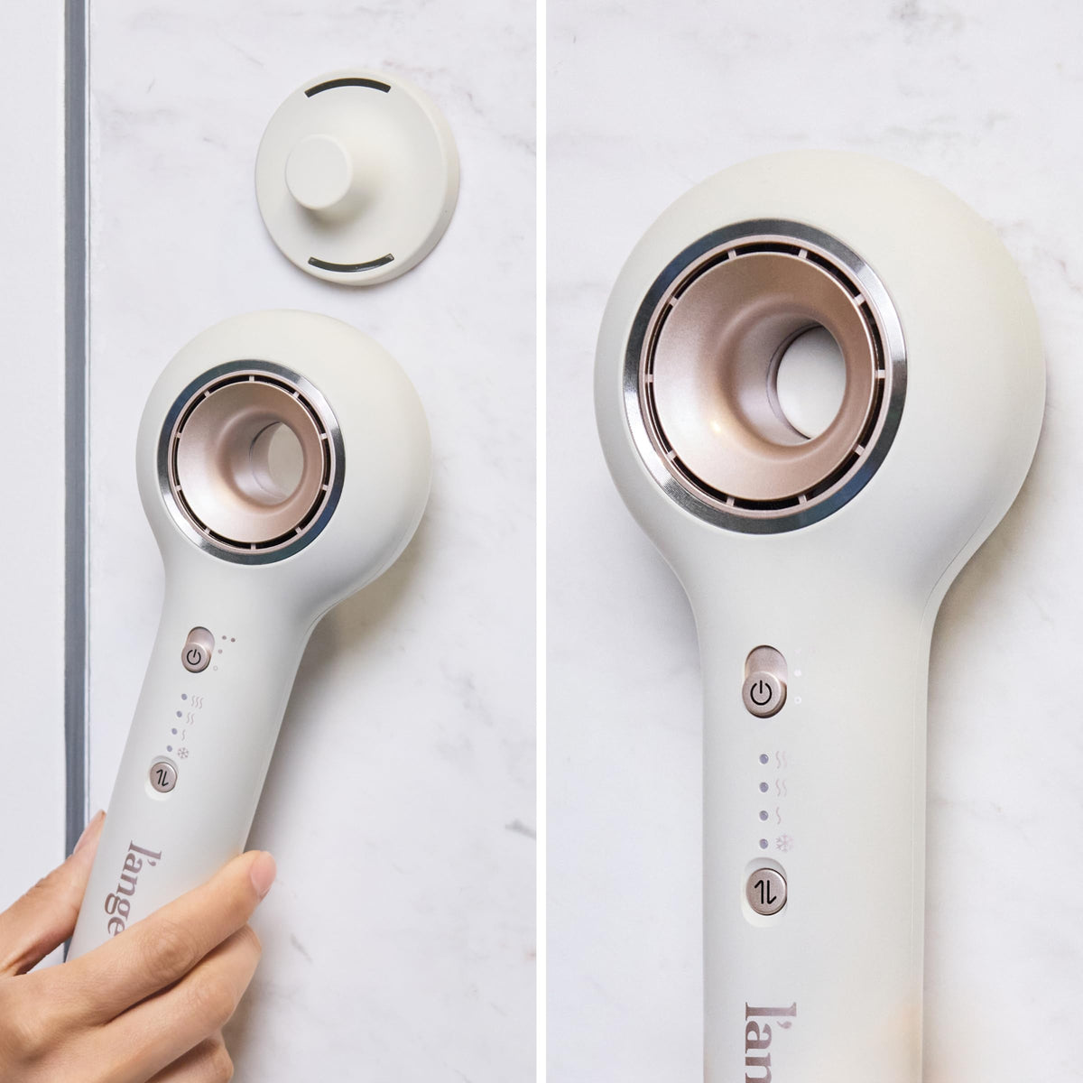 L'ANGE HAIR in-action image drying hair to demonstrate frizz reduction and shine benefit