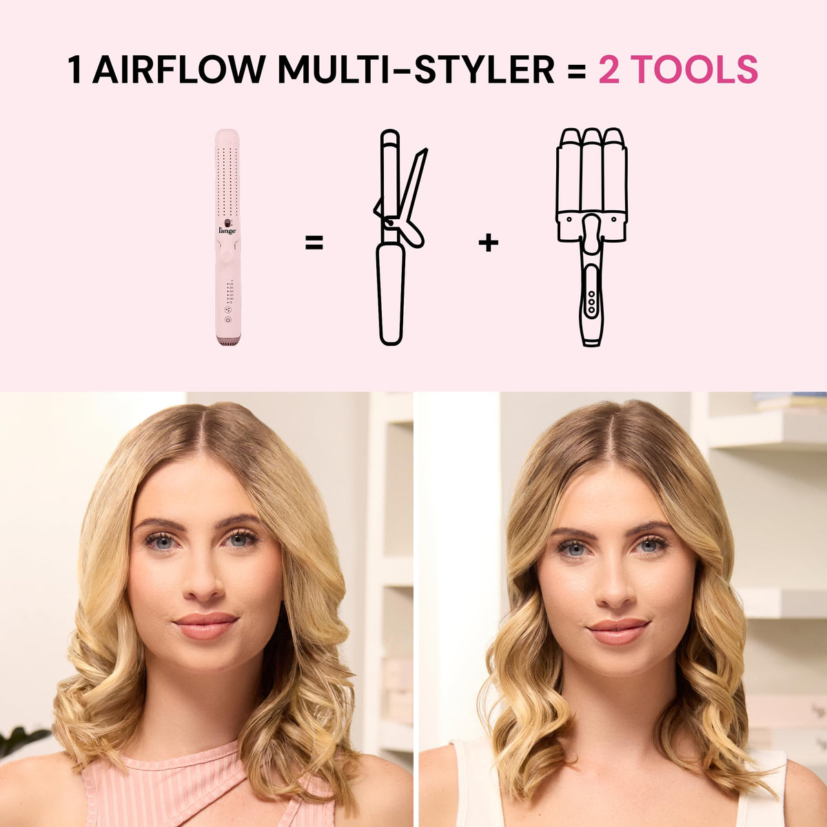 L'ANGE HAIR before and after curled hair demonstrating reduced frizz and boosted shine