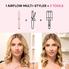 L'ANGE HAIR before and after curled hair demonstrating reduced frizz and boosted shine