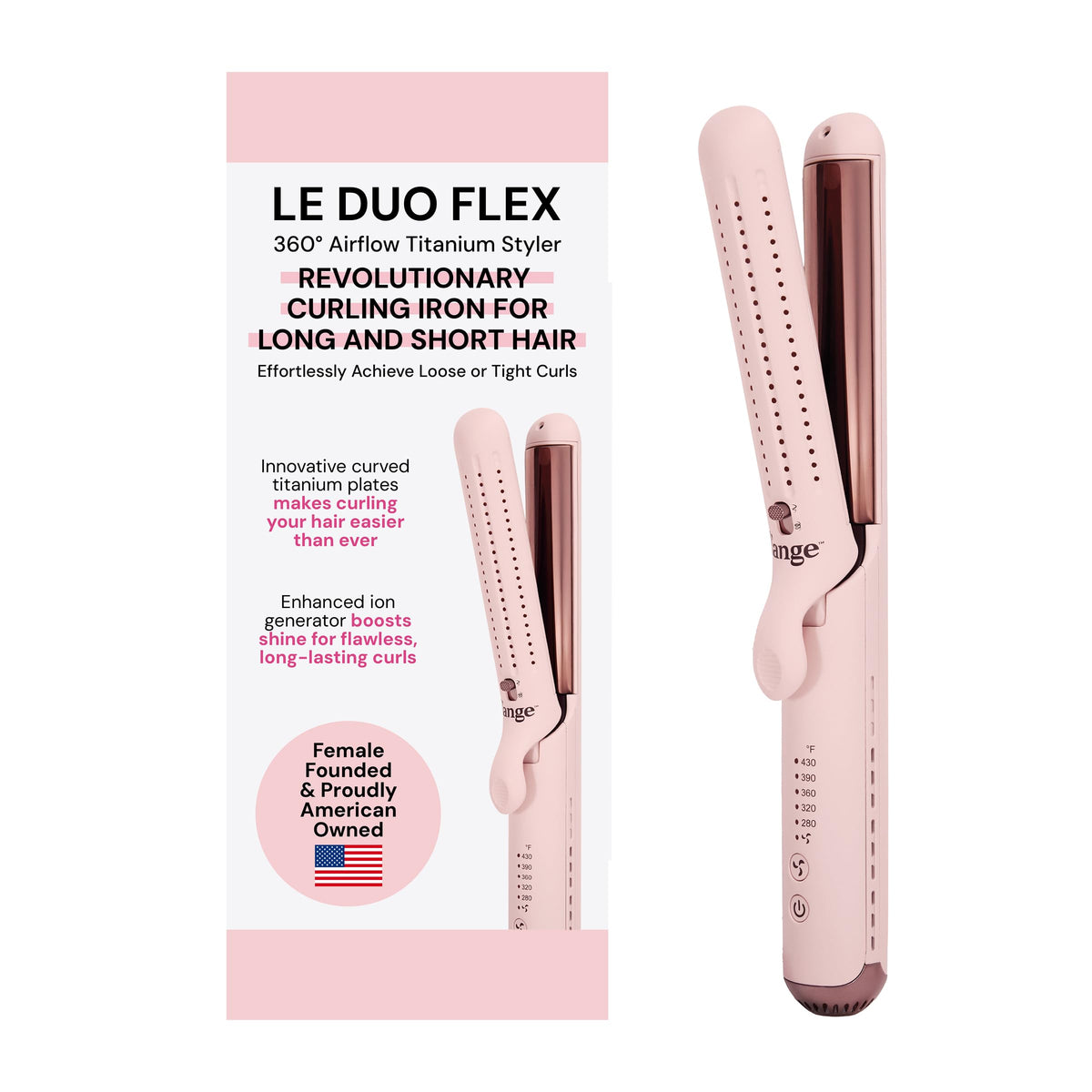 L'ANGE HAIR Le Duo Flex front view showing blush finish and ergonomic shape for easy styling