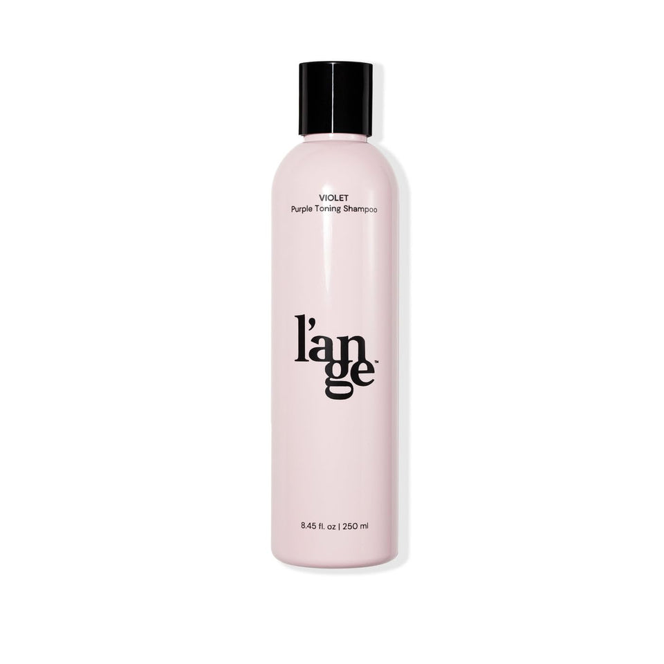 L'ANGE HAIR front bottle view showing violet toning shampoo and brand benefits