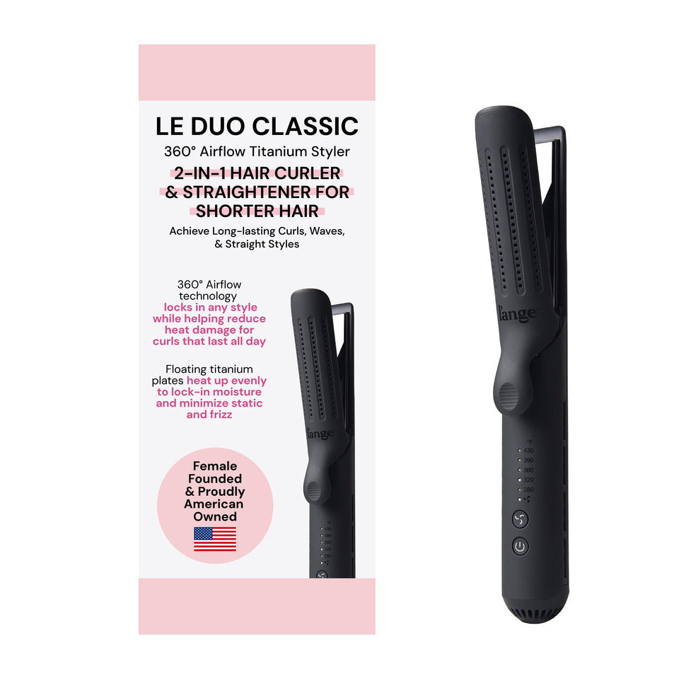 L'ANGE HAIR Le Duo front view showing sleek black design and controls for quick styling