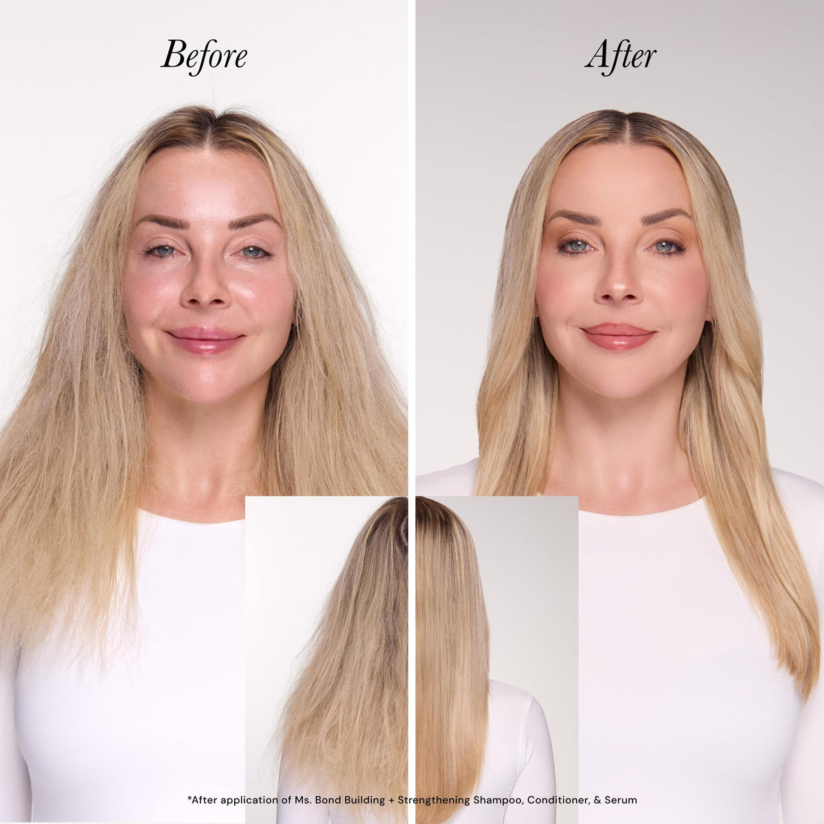 L'ANGE HAIR before and after split ends showing reduced breakage and stronger hair