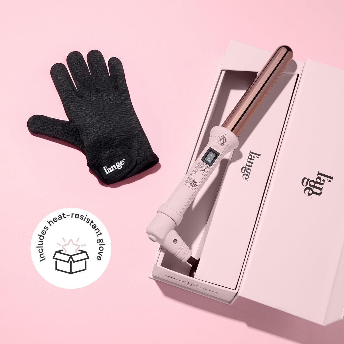 L'ANGE HAIR wand on bathroom counter styled scene, salon-quality results at home benefit