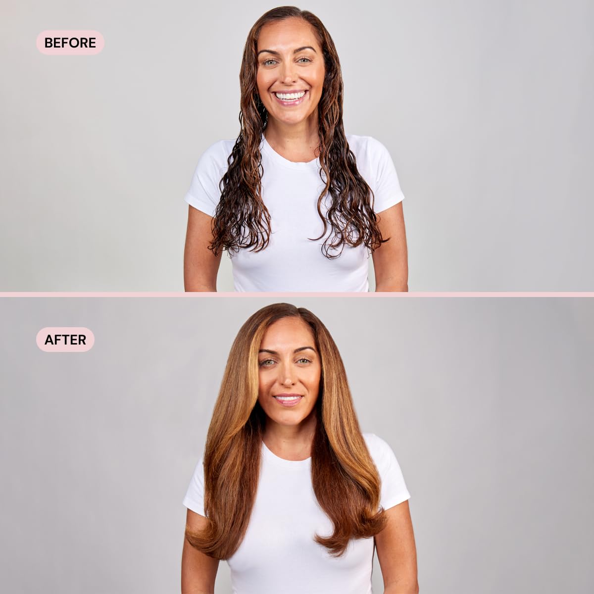 L'Ange Hair Soleil held next to a cup demonstrating lightweight 1.5 lb ease and reduced arm strain