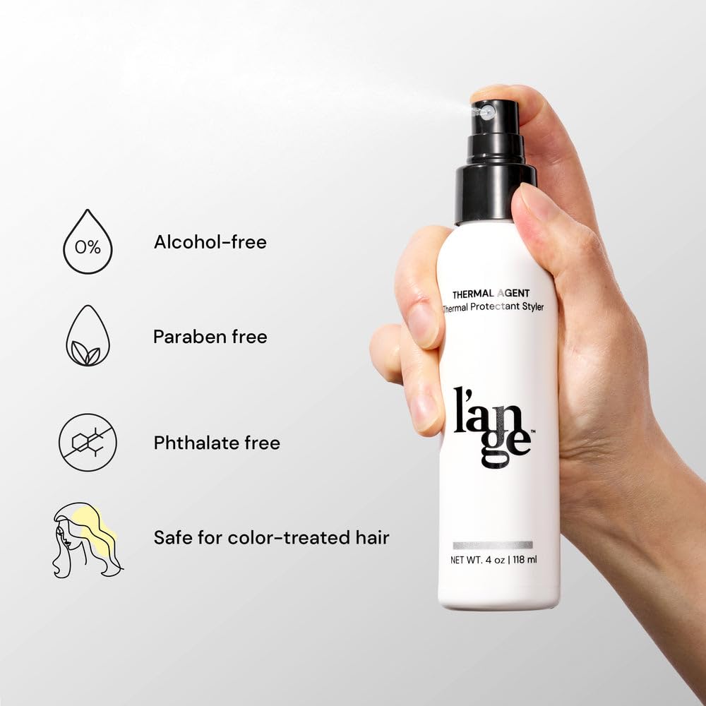 L'ANGE HAIR label detail highlights protection up to 450°F and formula
