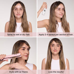 L'ANGE HAIR bottle in hand displays compact travel-friendly size