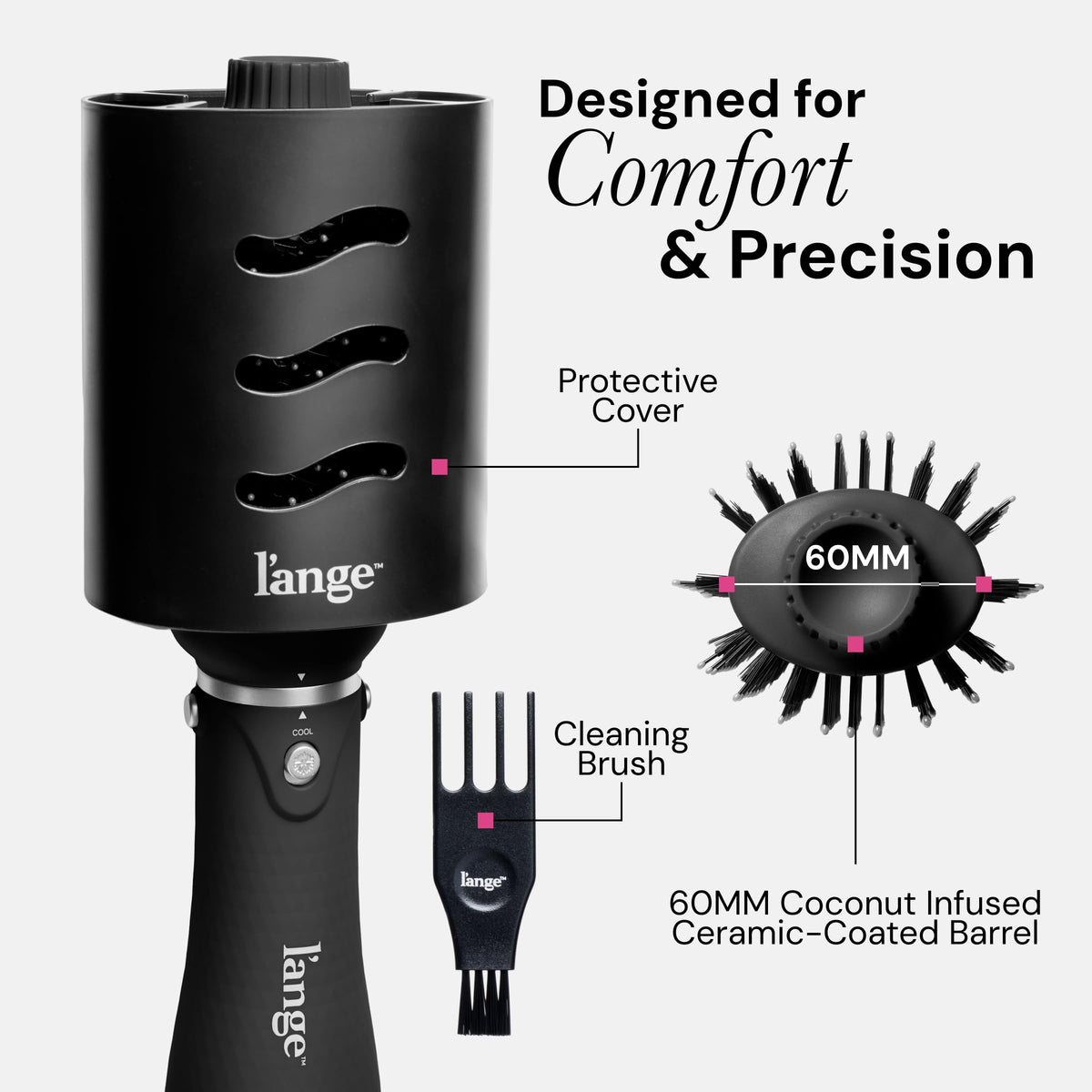 L'ANGE HAIR control labels and buttons close-up enabling easy heat and cool-shot control