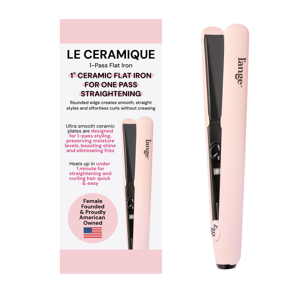 L'ANGE HAIR front view of blush flat iron showing sleek design and fast styling benefit