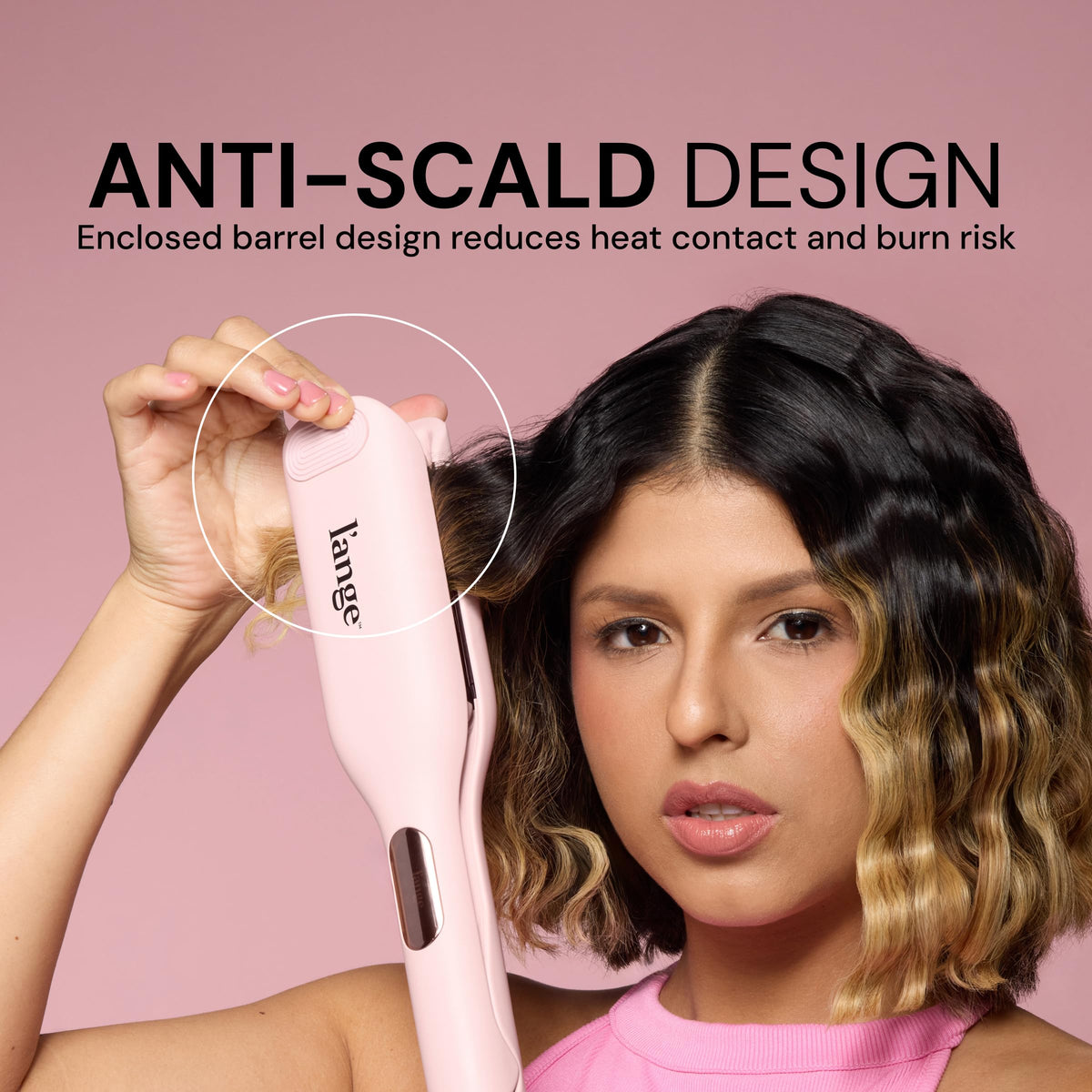 L'ANGE HAIR control panel close-up highlighting adjustable heat and timer benefit