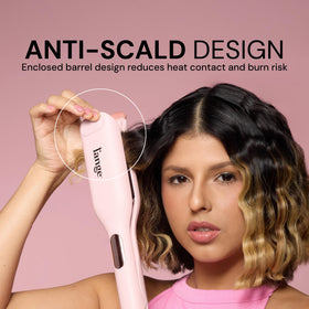 L'ANGE HAIR control panel close-up highlighting adjustable heat and timer benefit