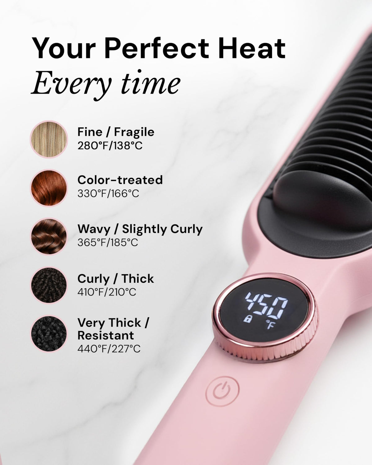 L'ANGE HAIR curved teeth profile demonstrating root-to-tip grip for smooth, even straightening