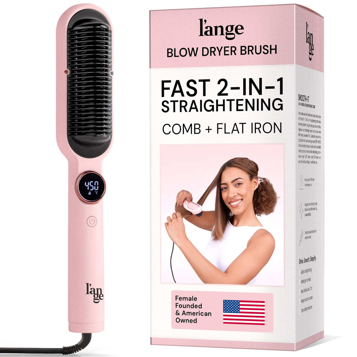L'ANGE HAIR front view of Smooth It brush showing ergonomic design and power button, fast styling