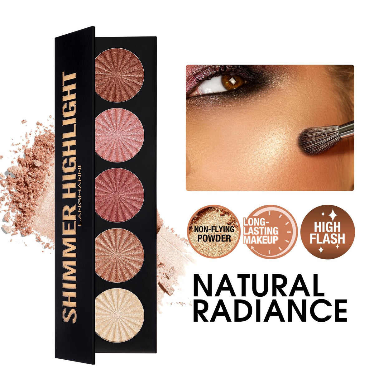 LANGMANNI palette open with five baked pans demonstrating shade range