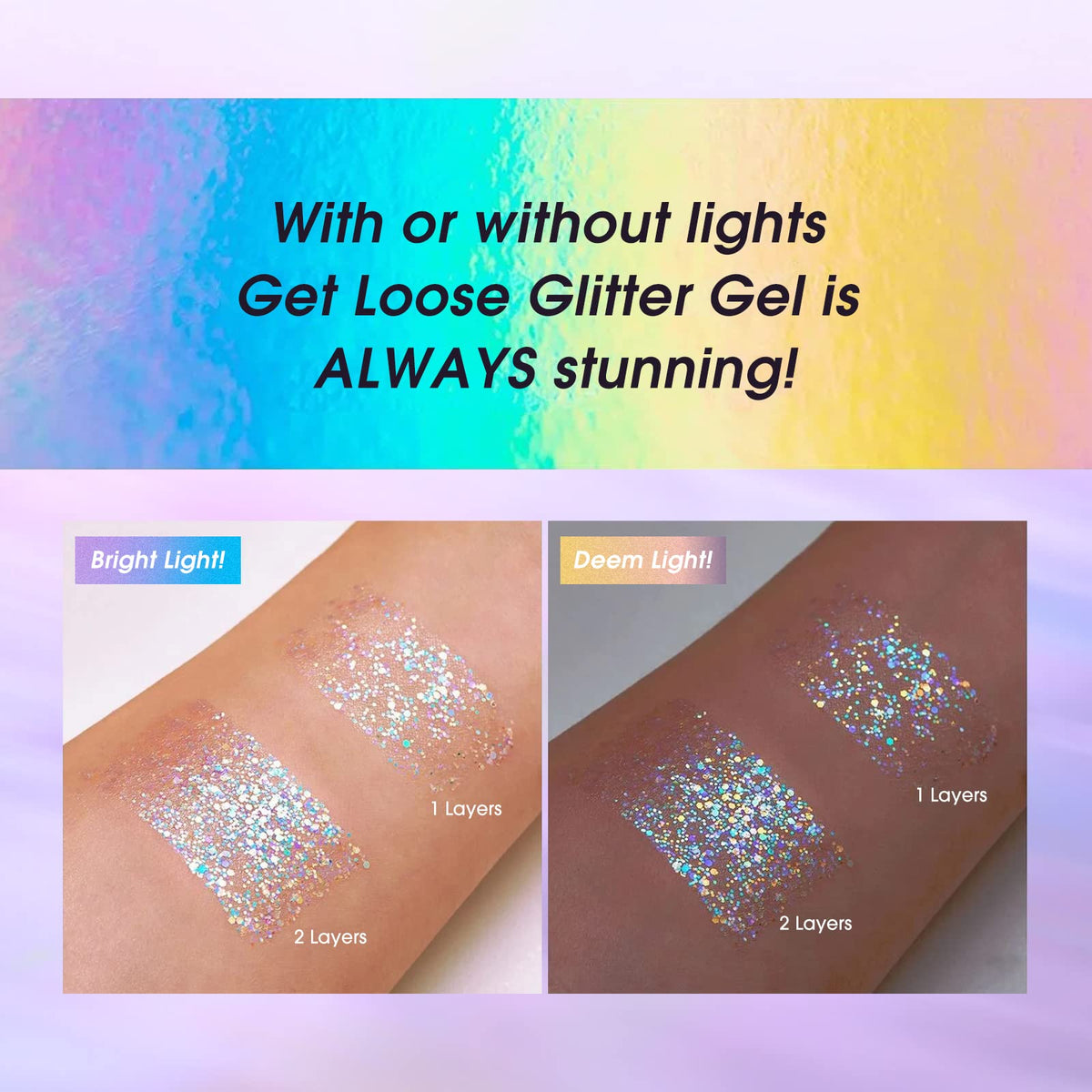 LANGMANNI worn at festival by model showing multichromatic sparkle and party-ready look