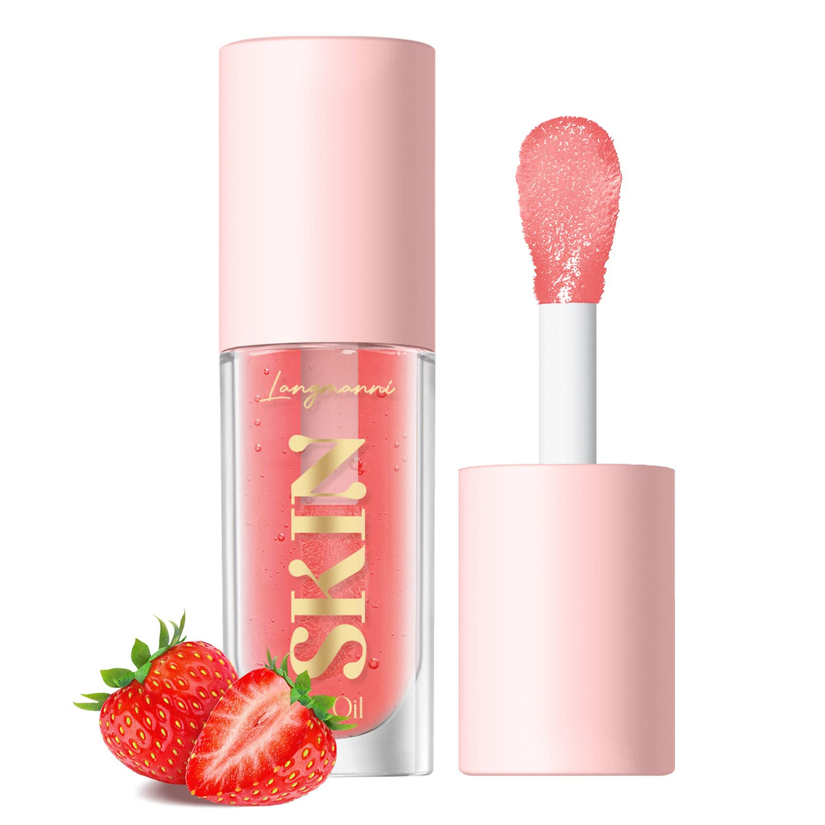 LANGMANNI front packaging showing glossy strawberry lip oil, clear shine