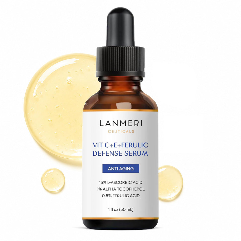 Lanmeri bottle front showing label and antioxidant trio benefit