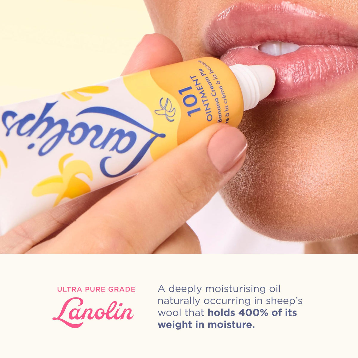 Applying Lanolips ointment to lips demonstrating soothing and barrier support