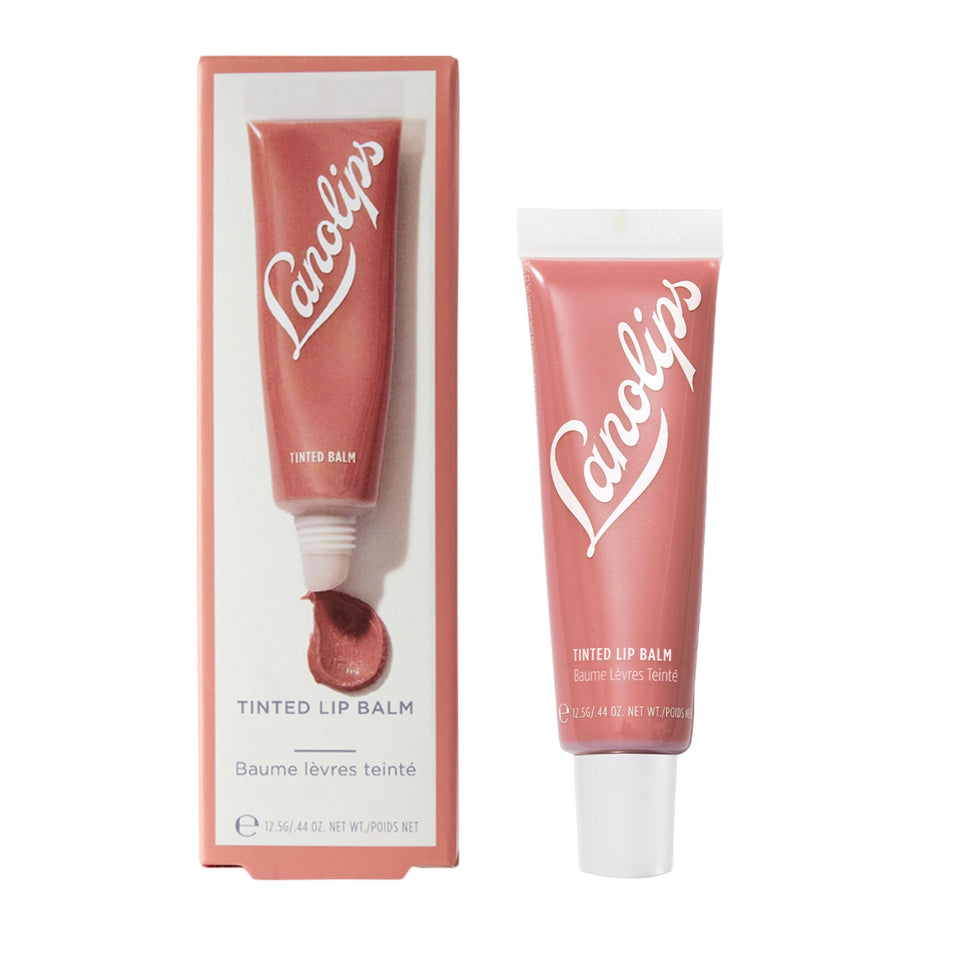 Lanolips front packaging showing tinted lip balm and nude shade benefits