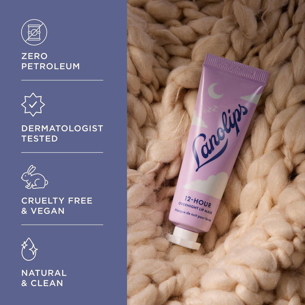 Lanolips product label close-up with ingredients list, reassures active content