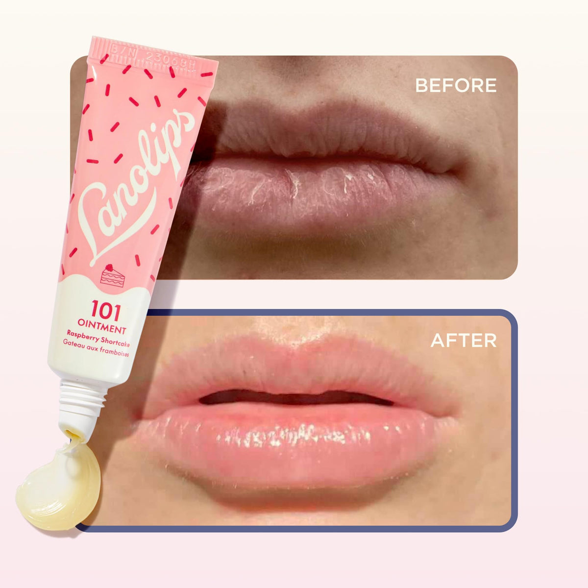 Lanolips lip application showing smoother lips after lanolin treatment