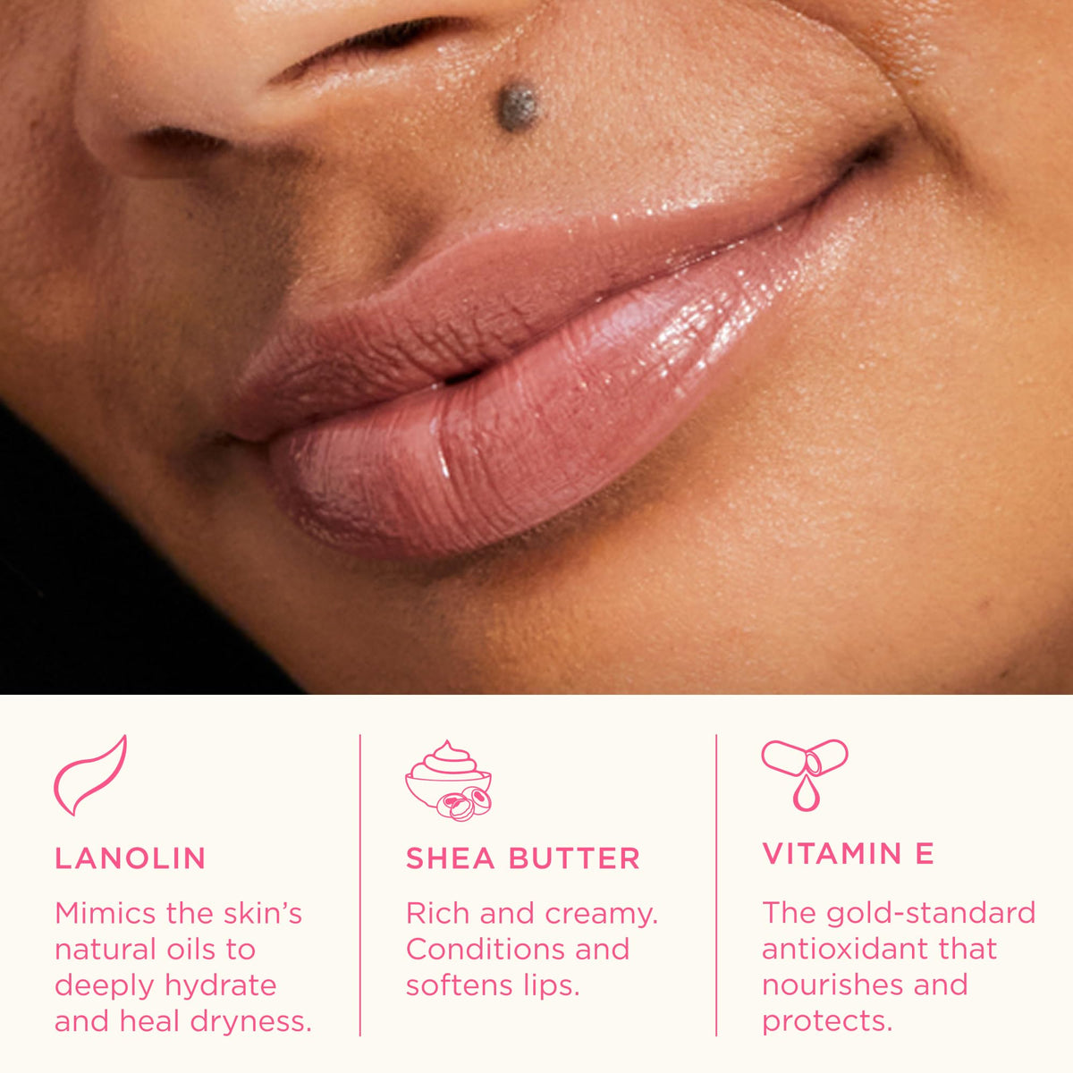 Lanolips color swatch on skin illustrating sheer nude tint and natural finish