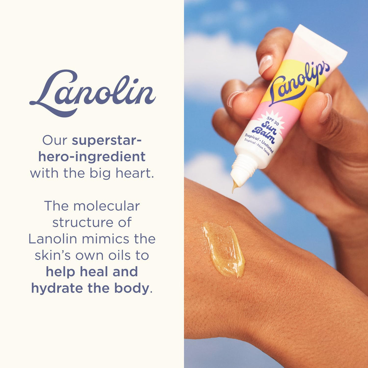Lanolips tube in a beach bag portraying tropical scent and beach essentials