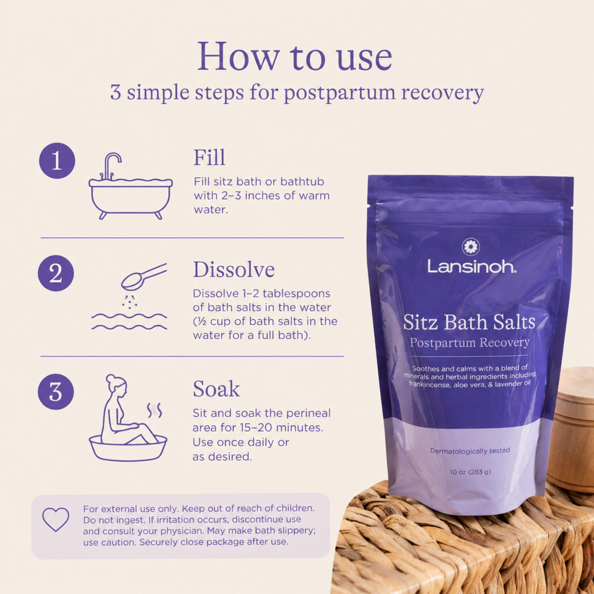 Lansinoh pouch label detail highlighting ingredients and dermatologically tested formulation