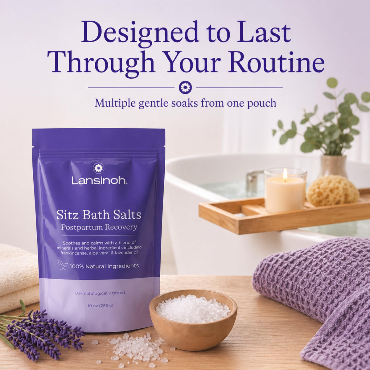 Lansinoh bowl with salts dissolving in warm water demonstrating use and soothing soak