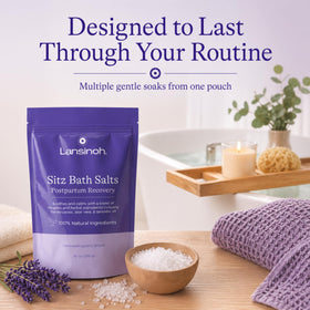 Lansinoh bowl with salts dissolving in warm water demonstrating use and soothing soak