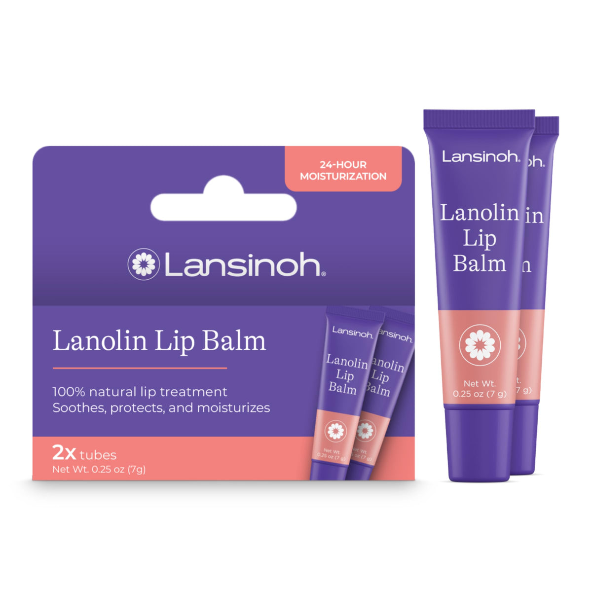 Lansinoh lip balm front view showing tube and label, travel-ready hydration