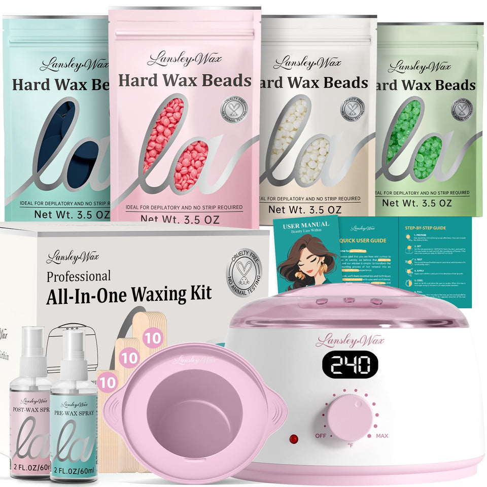 LANSLEYWAX front packaging showing full kit and pink digital warmer for organized convenience