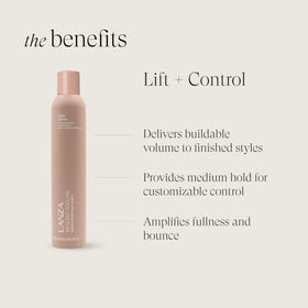L’ANZA fine mist being sprayed delivering even lift and lightweight feel