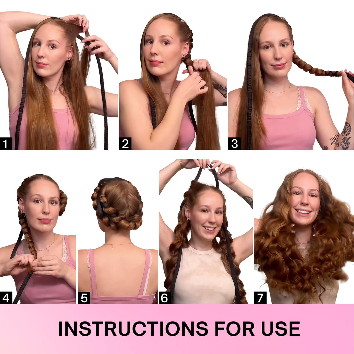 Lanzhire demonstration of braiding hair around headband to create heatless curls