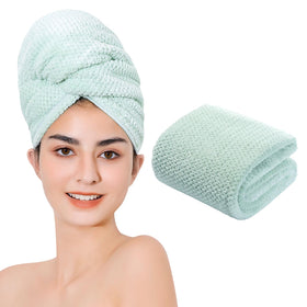 Laojbaba front view of green microfiber hair towel showing full size and shape benefit quick drying