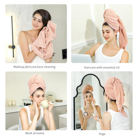 Laojbaba towel wrapped on model demonstrating secure fit and hands-free convenience