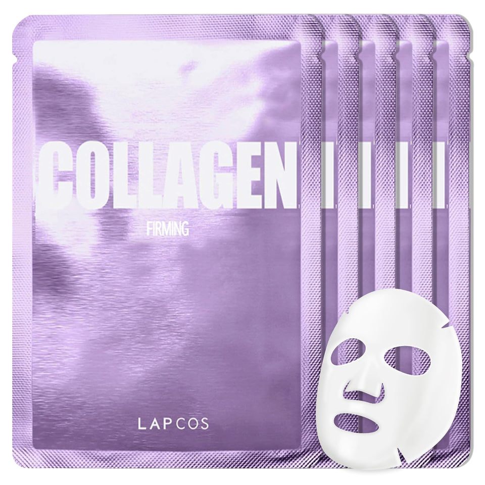 LAPCOS front packaging showing five collagen sheet mask packets and product name