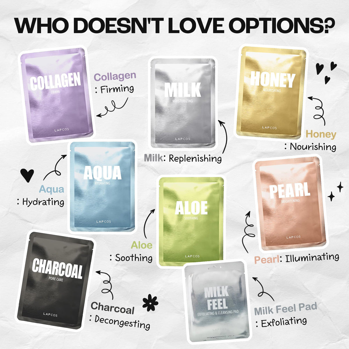 LAPCOS individual sheet masks fanned out to show variety and quick customization