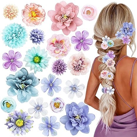 LAPOHI front view of purple and blue flower clip set showing variety and appeal