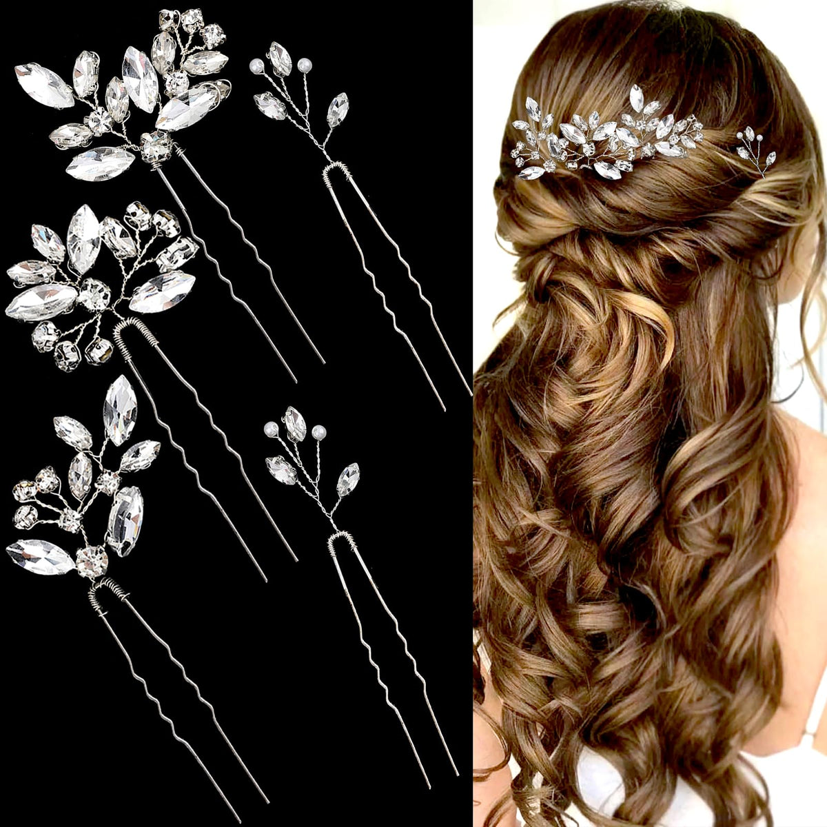 LAPOHI front view of five silver hair pins showing shape and shine, perfect bridal accent