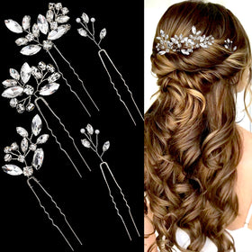 LAPOHI front view of five silver hair pins showing shape and shine, perfect bridal accent