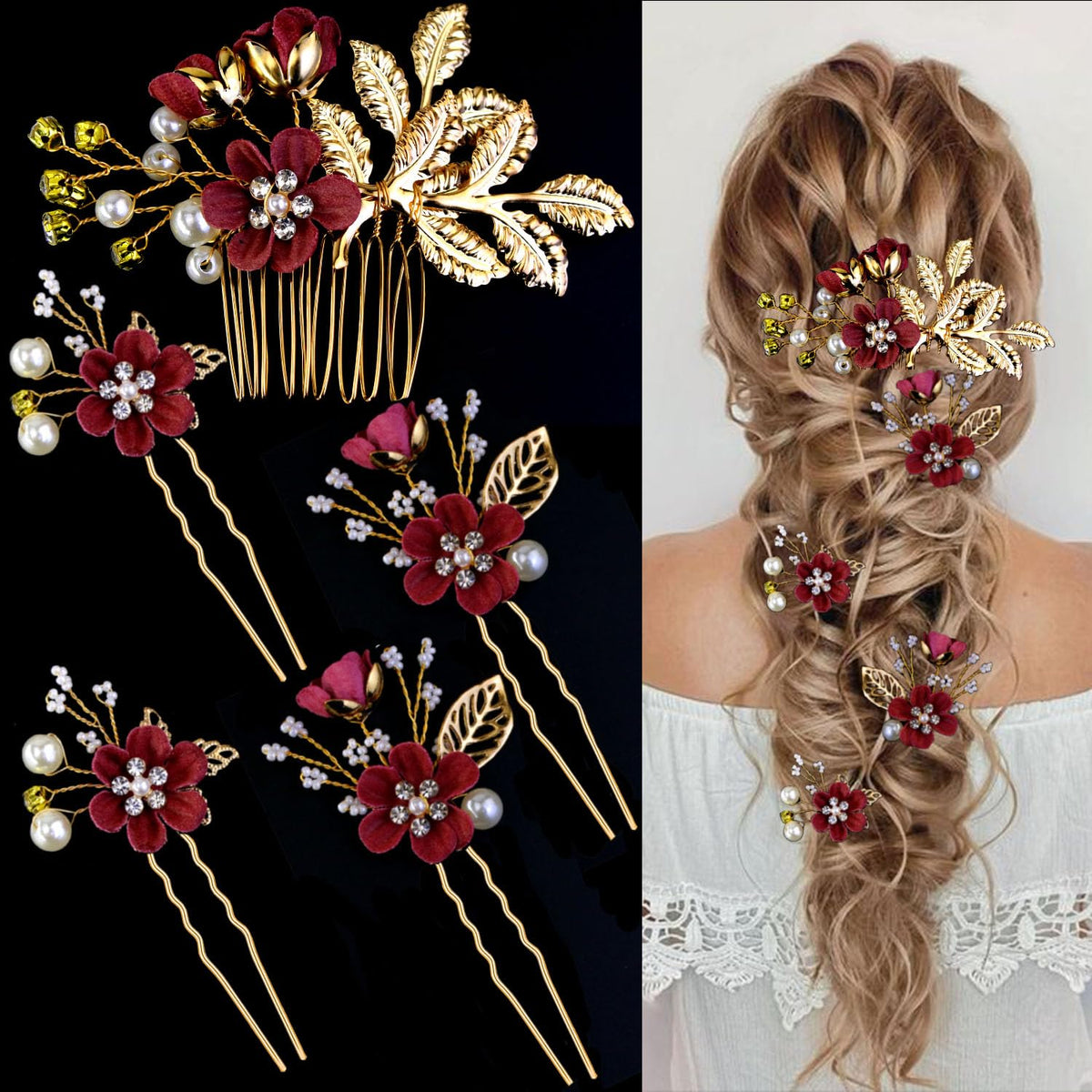 LAPOHI front view of five-piece hair pin set showing gold floral design and burgundy petals, enhances bridal look
