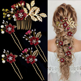 LAPOHI front view of five-piece hair pin set showing gold floral design and burgundy petals, enhances bridal look