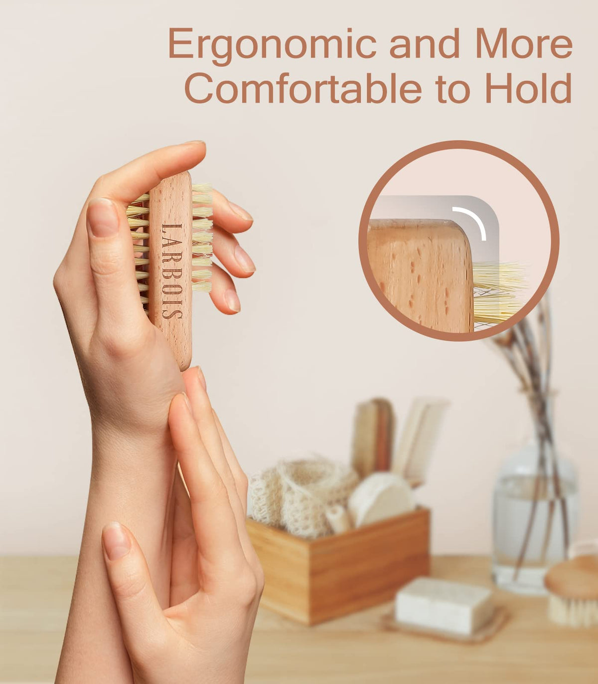 Larbois brush in use scrubbing fingernails for efficient dirt removal